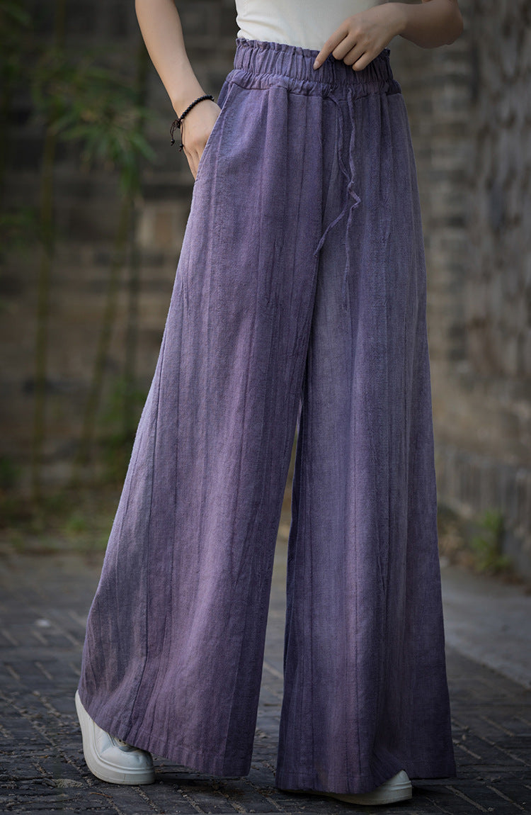 Ramie Handmade Tie-Dye Tied Mid-Waist Wide-Leg Pants, Vintage Elastic Waist Casual Trousers 20240722