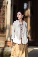 New Cotton-Linen Women's Vintage Zen-Inspired Ramie Tapered-Sleeve Tie-Front Cardigan, Loose-Fit Chinese-Style Jacket 20260511
