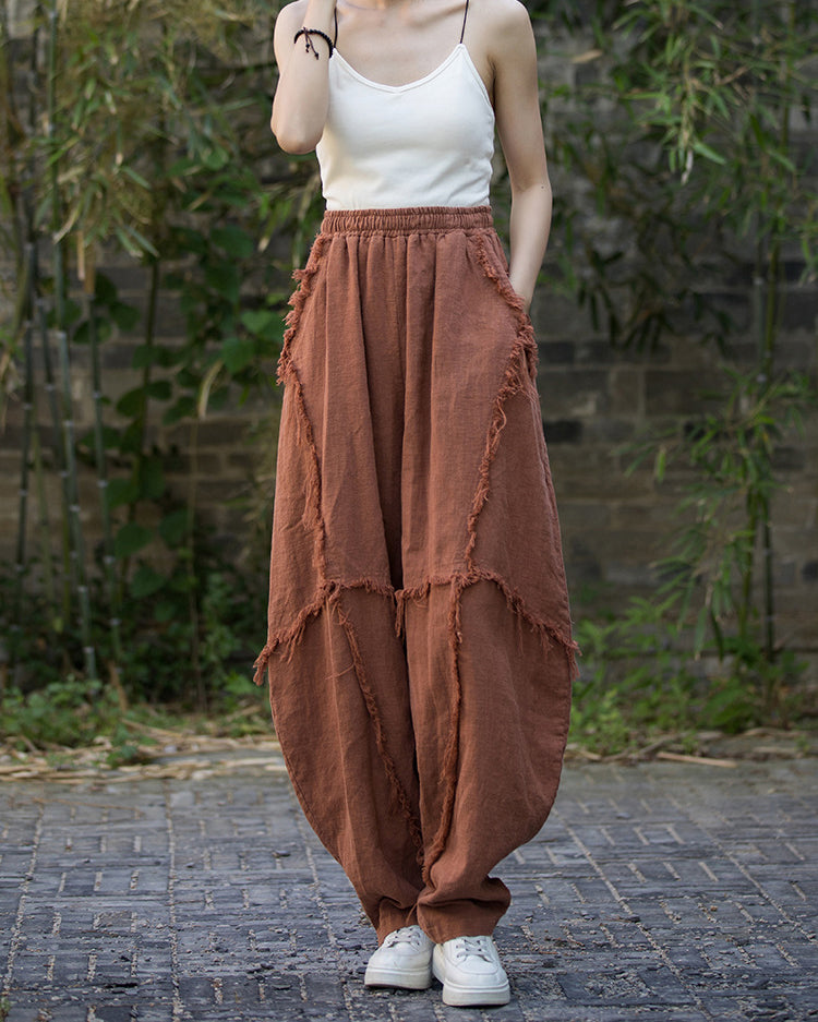 Ramie Stone Washed Mid-Waist Wide Leg Pants, Vintage Elastic Waist Casual Harlem Pants 20240722