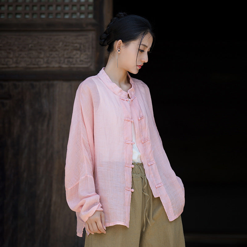 Summer Ramie Chinese Standing Collar Shirt,Sand Washed Frog Button Women's Long Sleeve Shirt 20240714