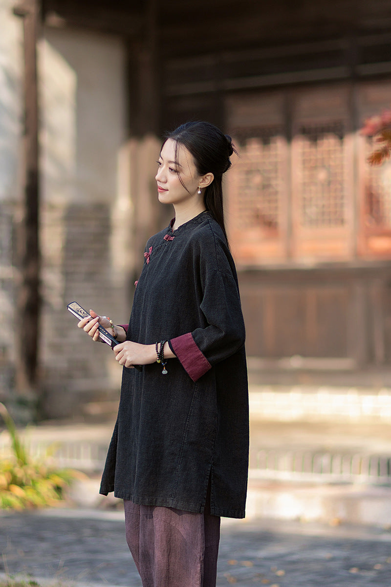 2026 Spring New Arrival: Retro Cotton-Linen Chinese-Style Stand-Collar, Color-Blocked, Button-Fastened, Wrap-Front Blouse for Women – Zen Tea Attire