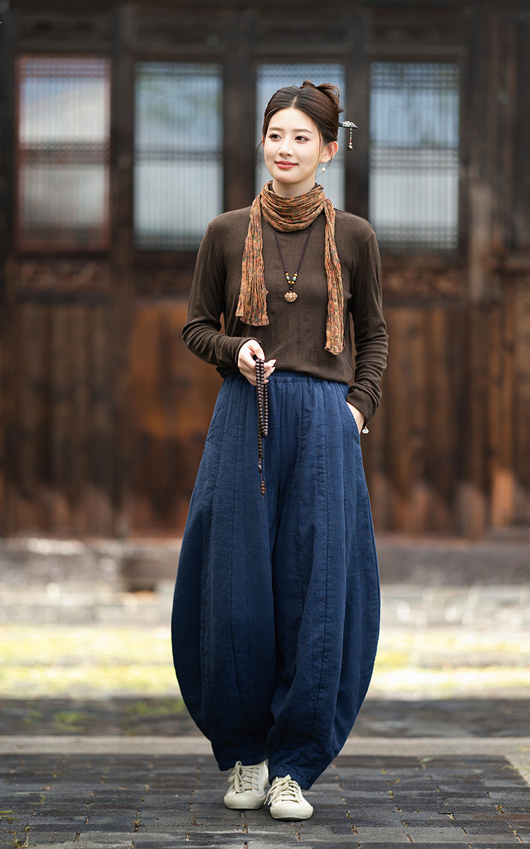 2026 Original New Arrival: Winter Ramie-Cotton Sandwashed Distressed Patchwork Pumpkin-Colored Women's Harem Pants