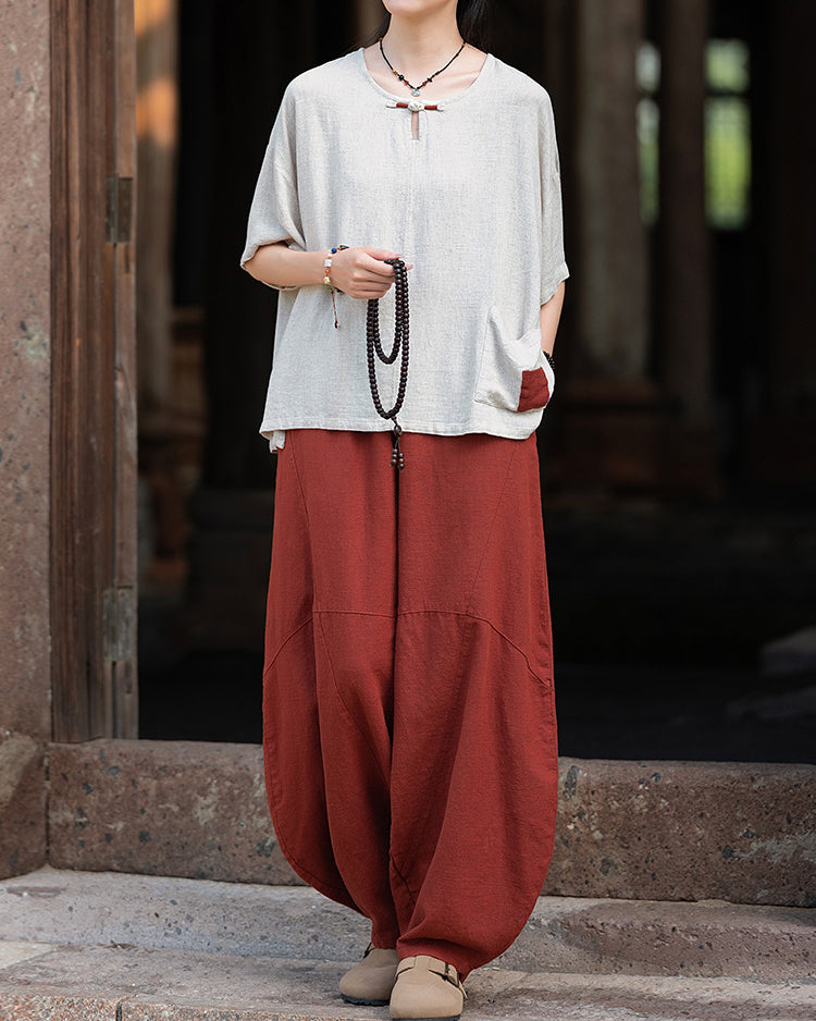 Frog button V-neck patchwork cotton  linen T-shirt, summer Chinese retro women sandwashed loose cotton  linen T-shirt 20240728