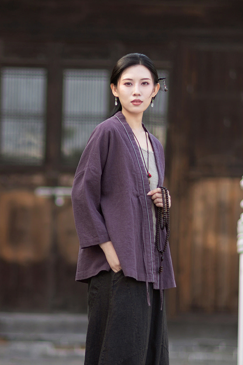 New Cotton-Linen Women's Vintage Zen-Inspired Ramie Tapered-Sleeve Tie-Front Cardigan, Loose-Fit Chinese-Style Jacket 20260511