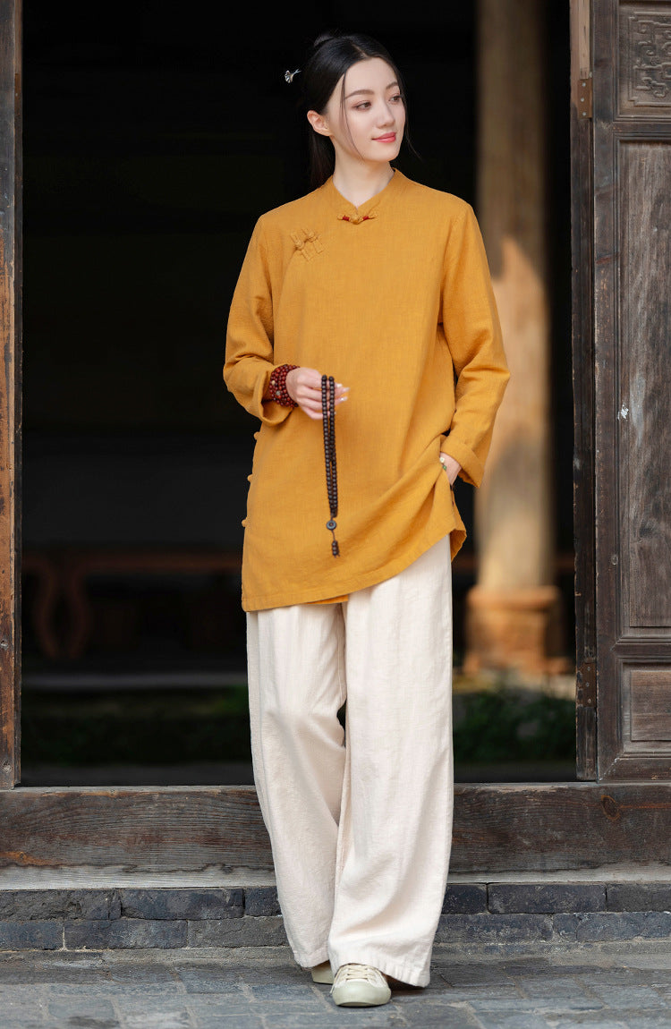 2026 Spring New Arrival: Retro Cotton-Linen Chinese-Style Stand-Collar, Color-Blocked, Button-Fastened, Wrap-Front Blouse for Women – Zen Tea Attire