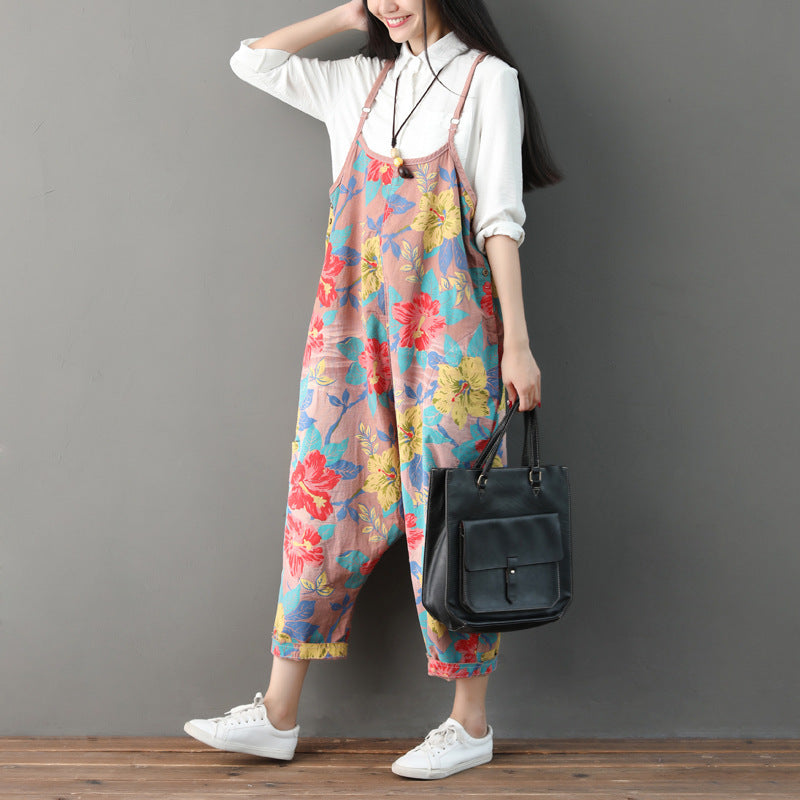 Printed floral cotton overalls, women's denim overalls, stonewashed loose overalls