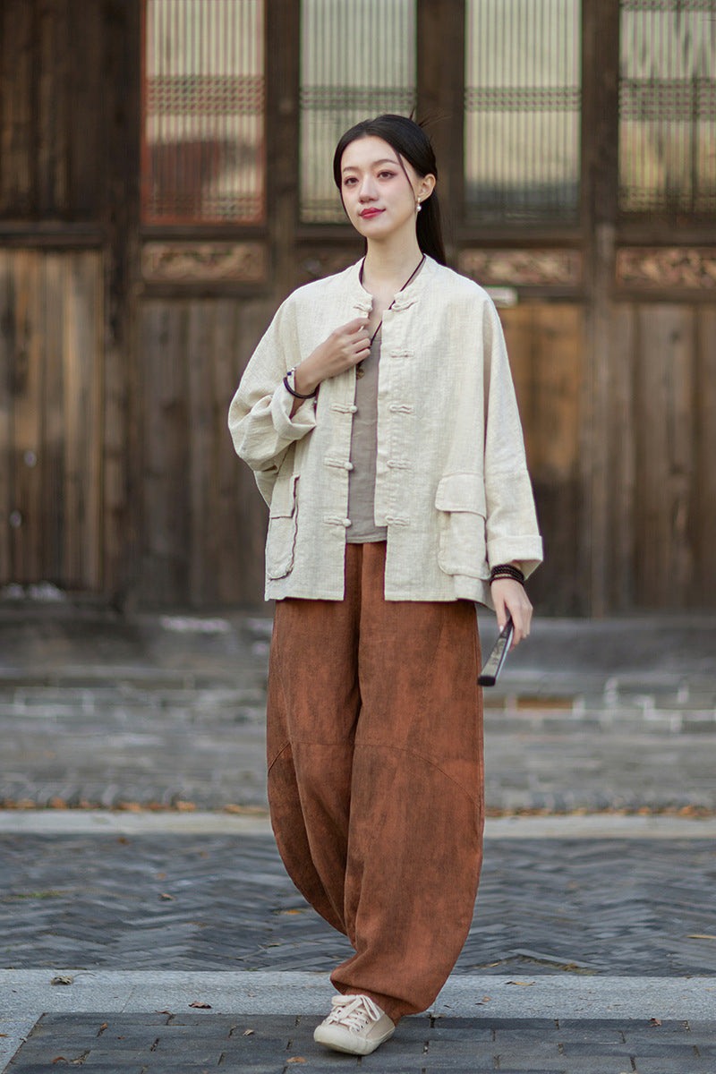 2026 Spring New Arrival: Original Vintage-Inspired Linen-Cotton Women's Cardigan, Loose-Fit Jacket with Stand-Up Collar and Button Closure