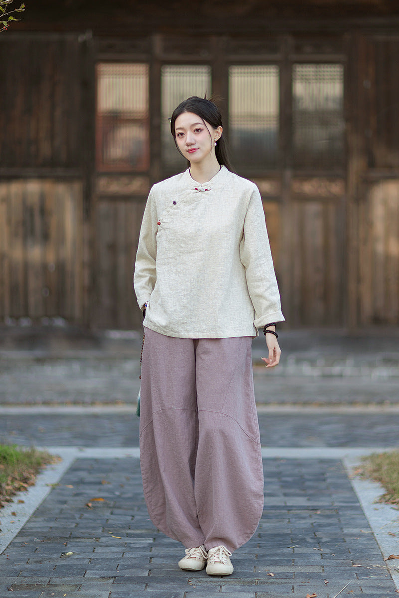 2026 Spring New Arrival: Original Cotton-Linen Women's Chinese-Style Stand-Collar Top, Tea Ceremony-Style Women's Diagonal-Placket Color-Blocked Button-Down Shirt