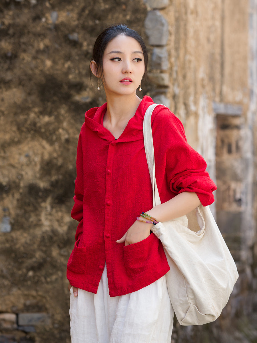 Ladies Summer Chinese Loose Frog Button Hoodie, Vintage Cotton and Linen Casual Shirt 20250604