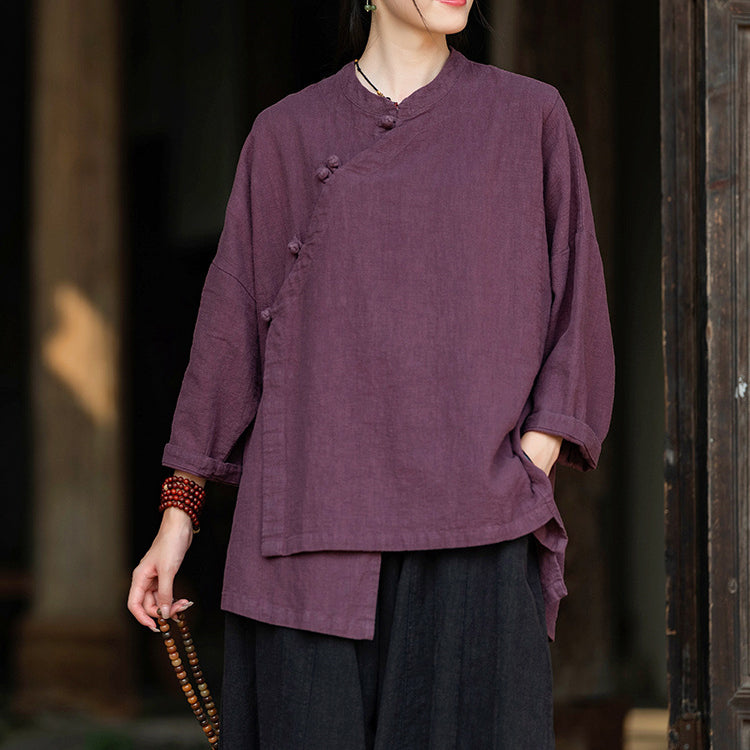 Women's Vintage Chinese Frog Button Long Sleeve Cotton Linen Shirt, Embroidery Standing Collar Splicing Irregular Loose Blouse 20240920