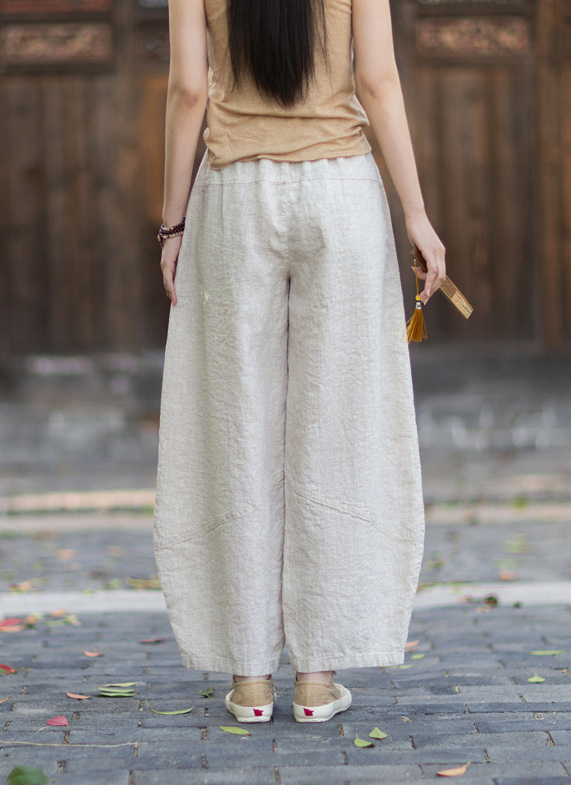 New Summer Arrival: Women's Artistic-Style Lightweight Linen Casual Pants with Elastic Waistband, Sandwashed, Distressed, Patchwork, and Cropped Bell-Bottom Design 20260511