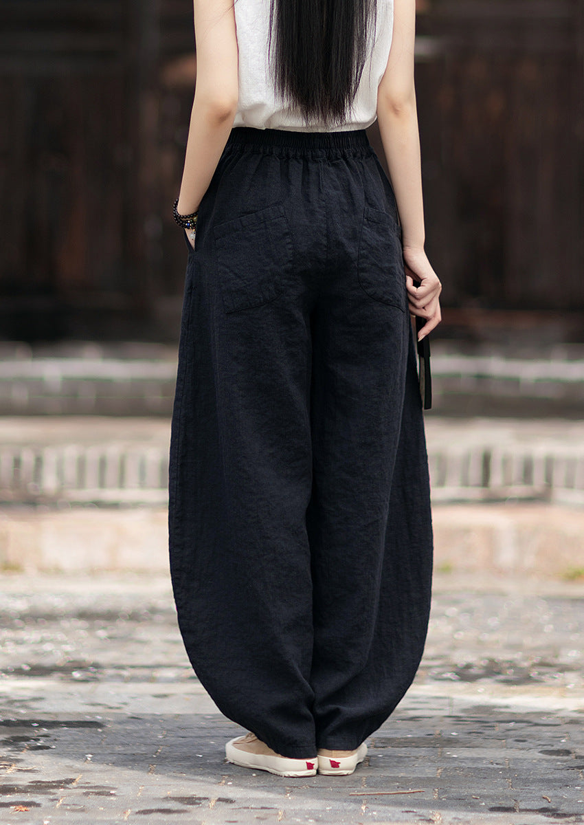 Summer Loose-Fit Zen-Inspired Boho Retro Elastic Waist Slimming Drapey Casual Pants Linen Bell-Bottom Pants 20260511