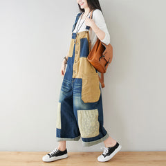 Patchwork cotton overalls, women's printed denim overalls, stonewashed loose overalls