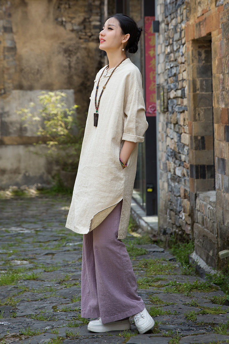 Women's summer Chinese loose frog button cheongsam, retro cotton  linen casual long shirt20250604