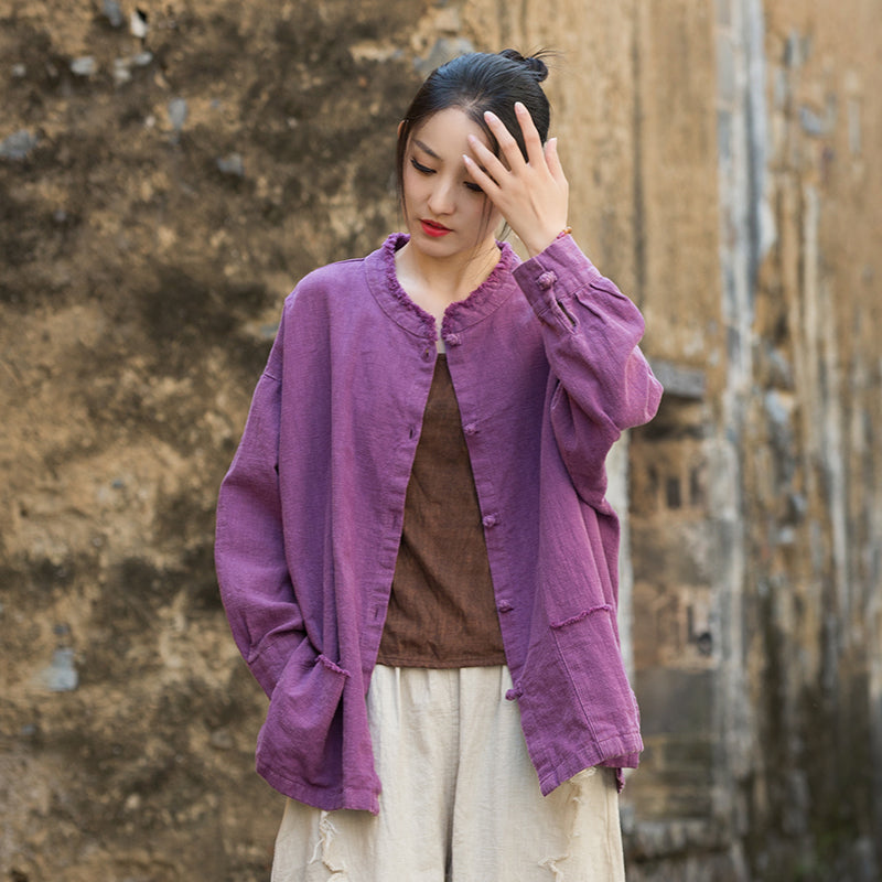 Vintage summer Chinese long sleeve shirt, cotton and linen washed and brushed frog button shirt 20250604