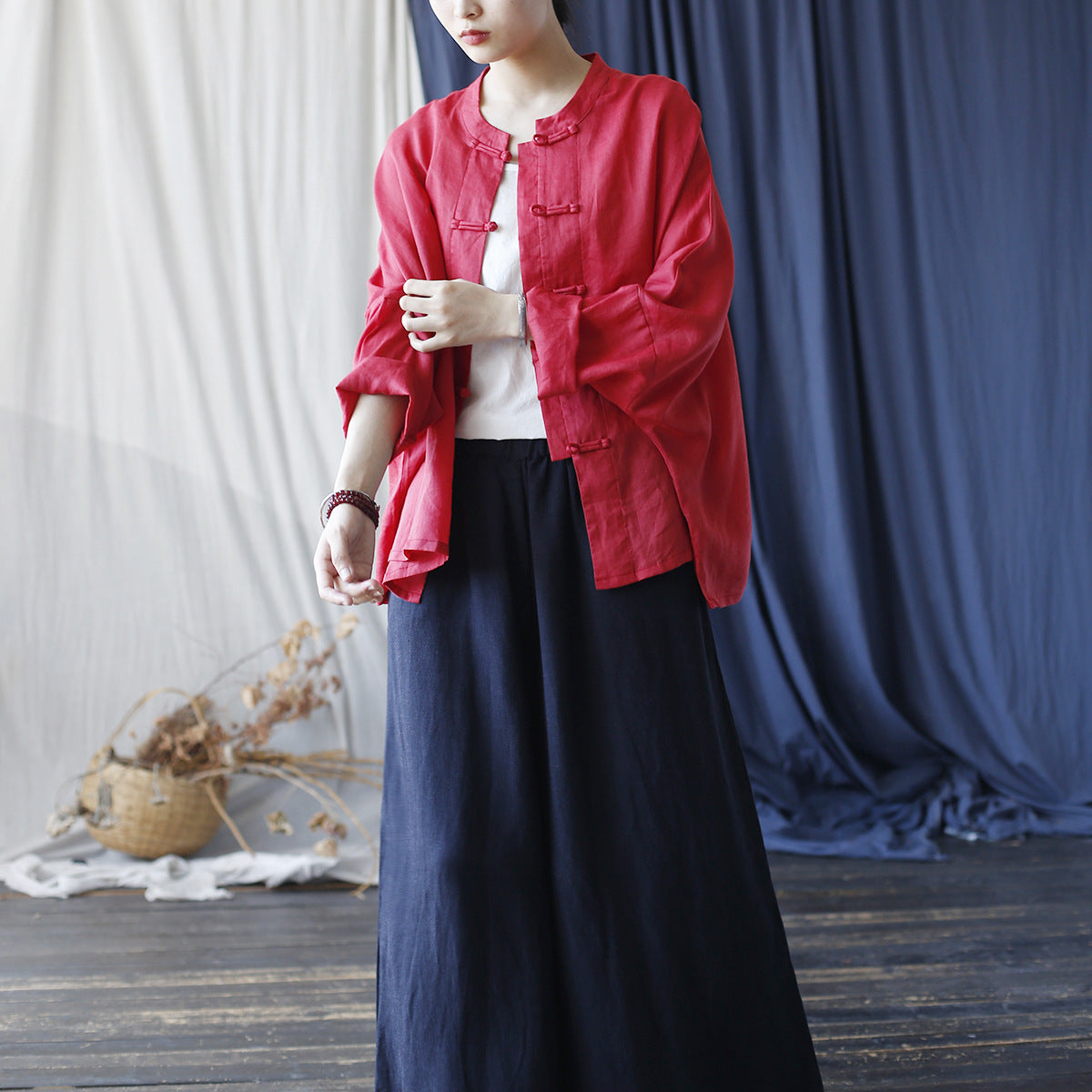 Summer Standing Collar Women Ramie Frog Button Shirt, Literary Retro Long Sleeve Loose Light Cardigan 20240802