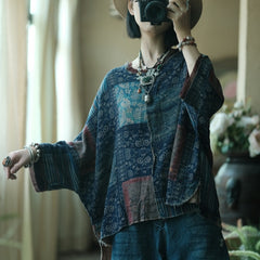 Vintage Literary Digital Printed Cotton Round Neck Raw Edge T-Shirt Top 240621