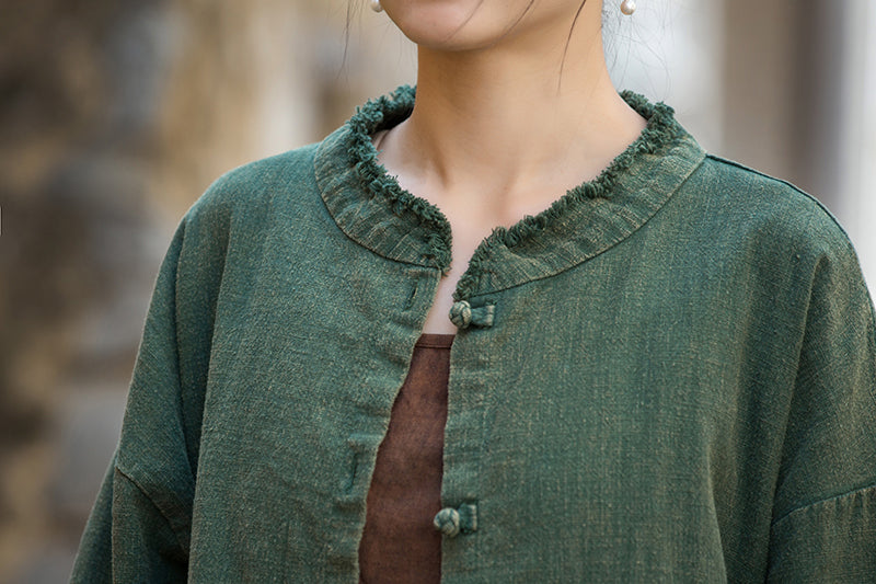 Vintage summer Chinese long sleeve shirt, cotton and linen washed and brushed frog button shirt 20250604