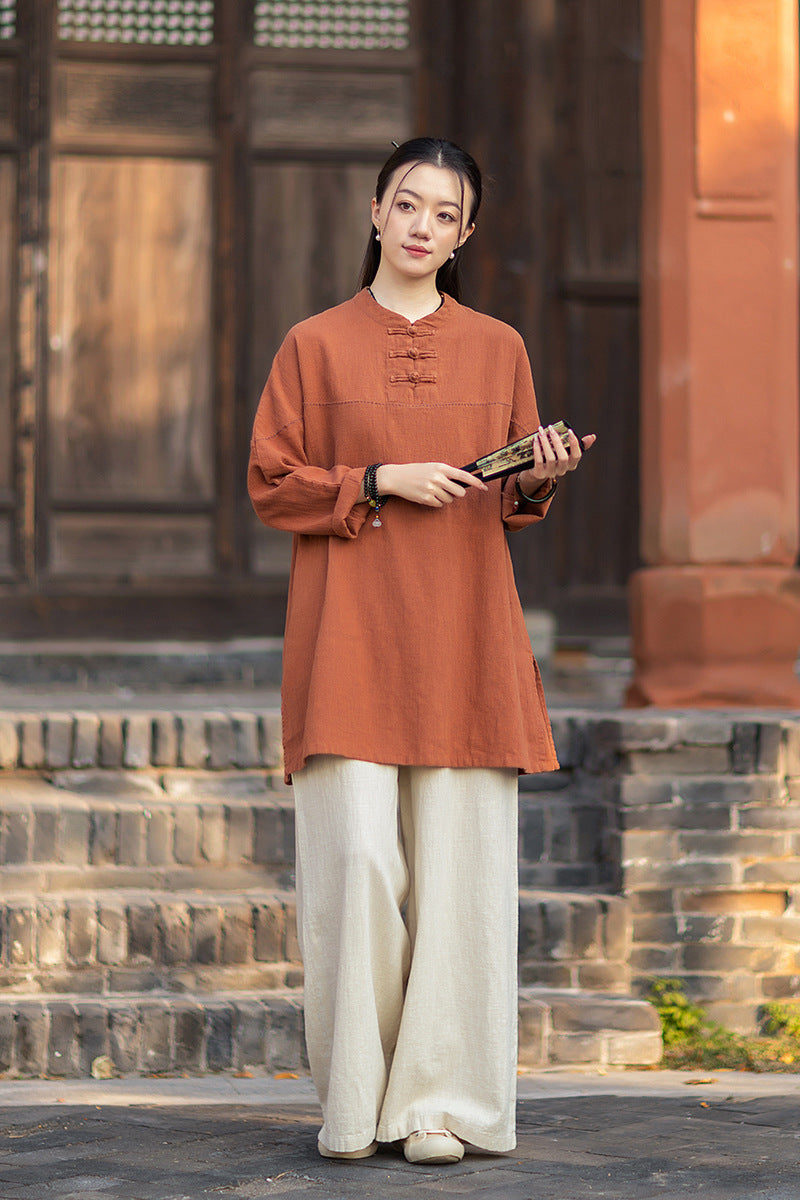2026 Spring Retro Mandarin Collar Button-Down Cotton-Linen Blouse for Women: Chinese-Style Zen-Inspired Tea Ceremony Pullover, Ramie Stand-Up Collar Long-Sleeve Shirt