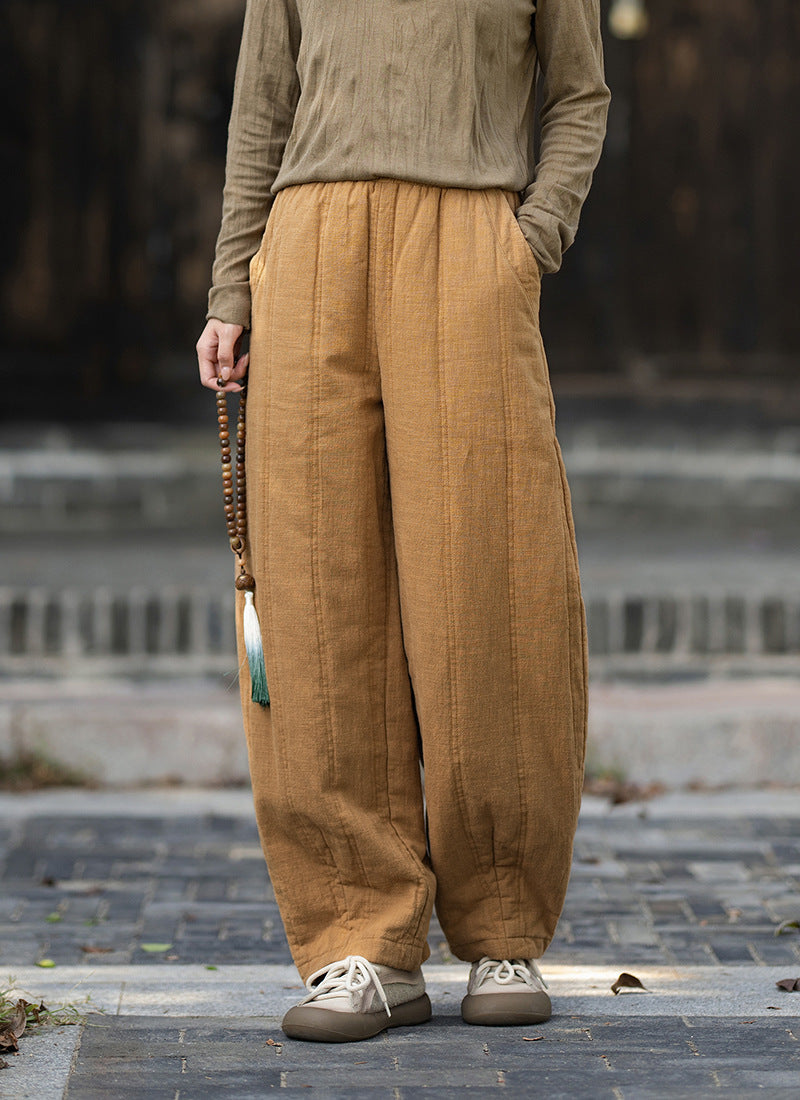 2026 Winter New Original Cotton-Linen Women's Retro, Versatile, Slimming, Elastic-Waist, Loose-Fitting, Casual, Patchwork Straight-Leg Pants
