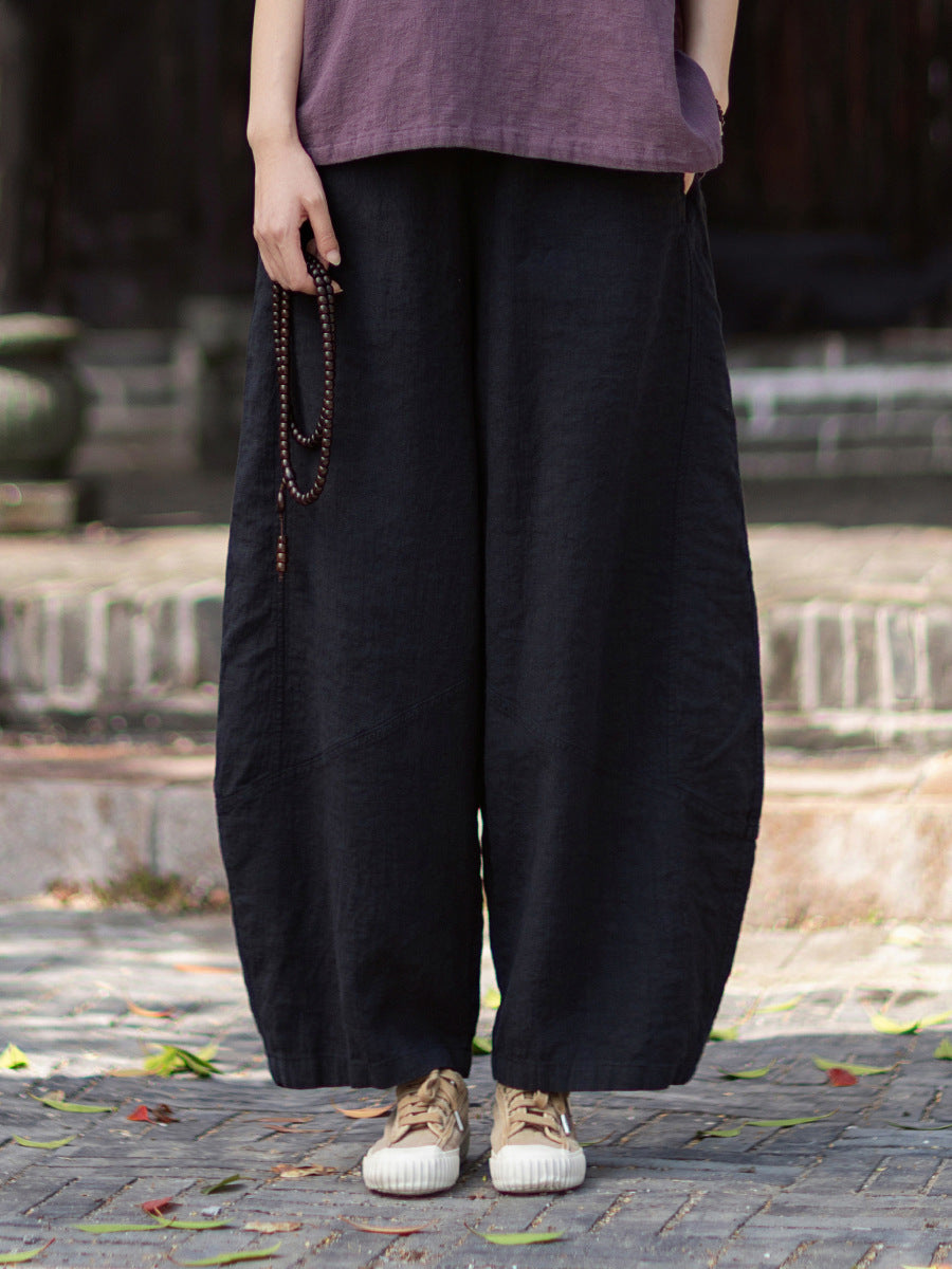 New Summer Arrival: Women's Artistic-Style Lightweight Linen Casual Pants with Elastic Waistband, Sandwashed, Distressed, Patchwork, and Cropped Bell-Bottom Design 20260511
