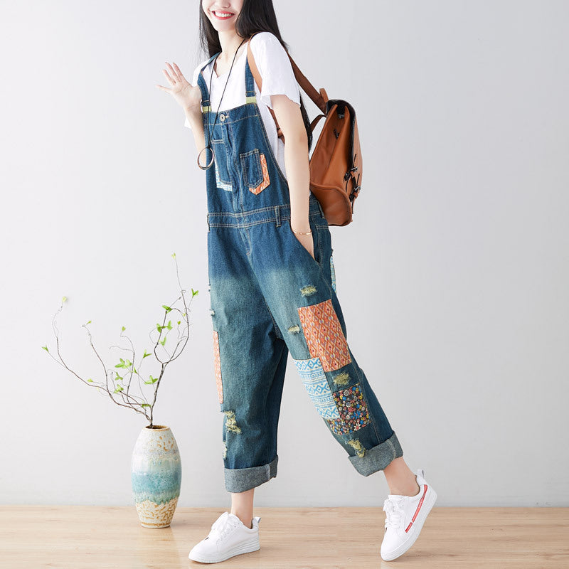 Patchwork stonewashed cotton overalls, women's denim washed overalls