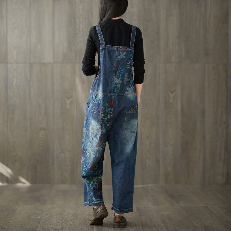 Printed Cotton Overalls,Women's Denim Overalls,Stonewashed Loose Overalls