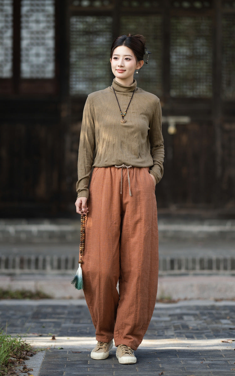 2026 Winter New Arrival: Ramie-Blend, Color-Blocked, Drawstring, Quilted, Thickened Cotton Pants—Versatile, Slimming, Loose-Fit Casual Pants