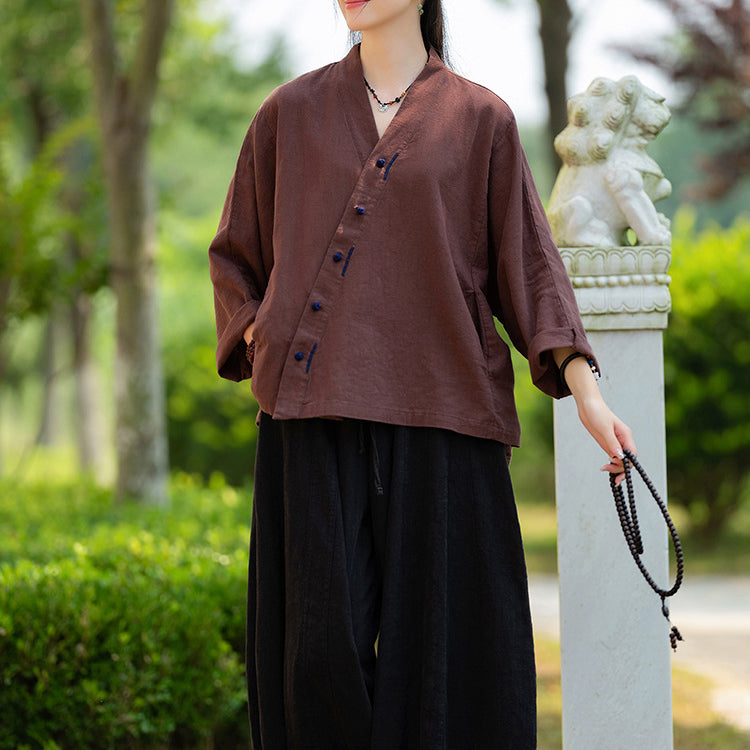 Women's Vintage Chinese Long Sleeve Cotton Linen Shirt with Embroidery V-Neck Loose Kimono 20240920