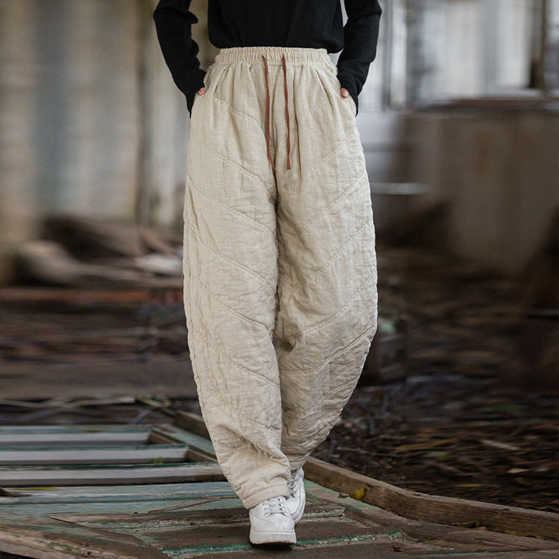 2024 Winter Thickened Printed Quilted Warm Cotton Linen Pants, Vintage Loose Cotton Linen Tapered Pants 20241114