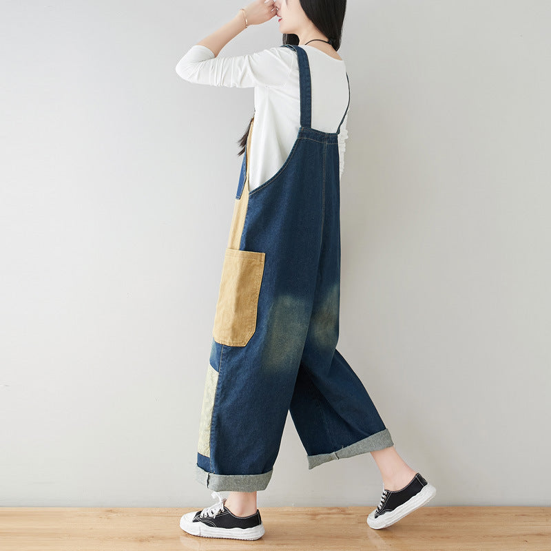 Patchwork cotton overalls, women's printed denim overalls, stonewashed loose overalls