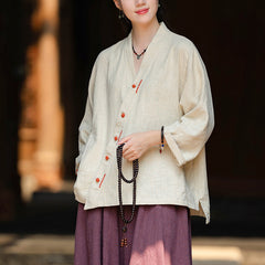 Women's Vintage Chinese Long Sleeve Cotton Linen Shirt with Embroidery V-Neck Loose Kimono 20240920