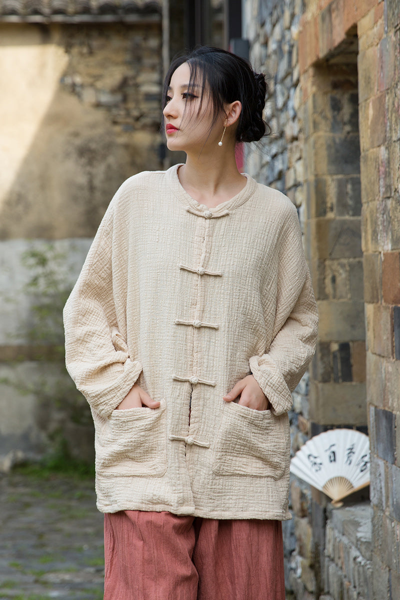 Summer Chinese loose cardigan, cotton linen washed frog long shirt 20250604