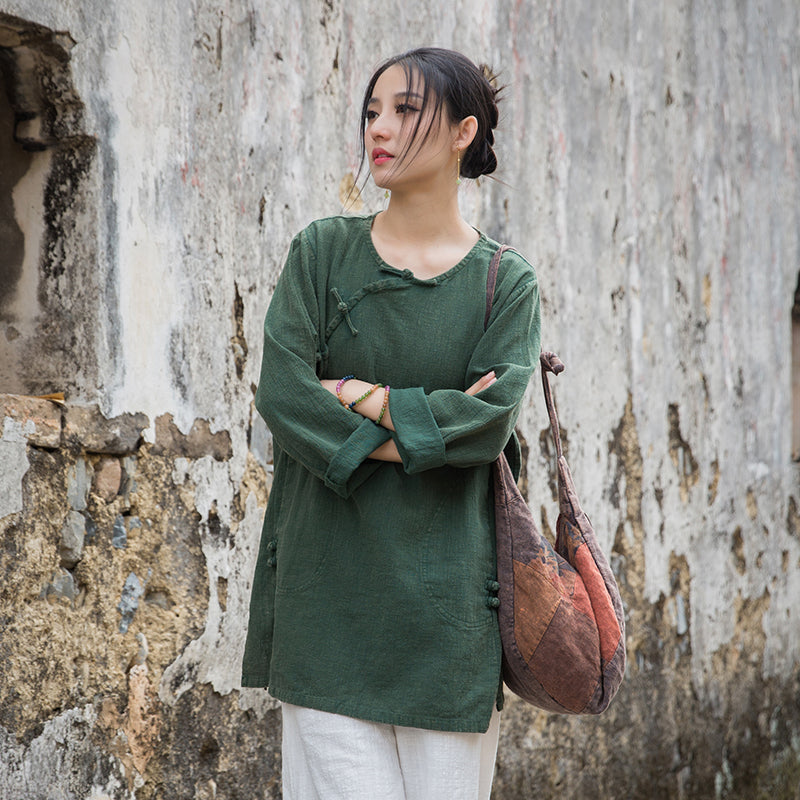 Vintage Summer Chinese Boat Collar Long Sleeve Shirt, Cotton  Linen Washed Frog Long T-Shirt 20250604