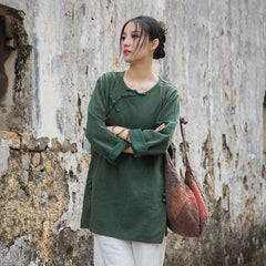 Vintage Summer Chinese Boat Collar Long Sleeve Shirt, Cotton  Linen Washed Frog Long T-Shirt 20250604