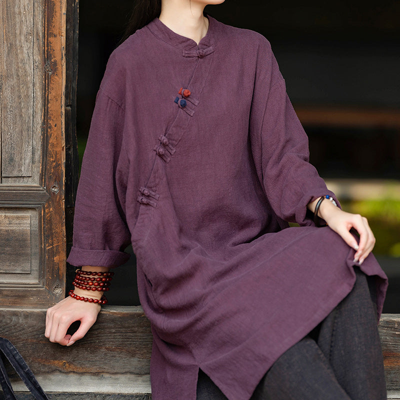 Women's Vintage Chinese Frog Button Long Sleeve Cotton and Linen Long Shirt, Standing Collar Loose Cotton and Linen Jacket 20240920