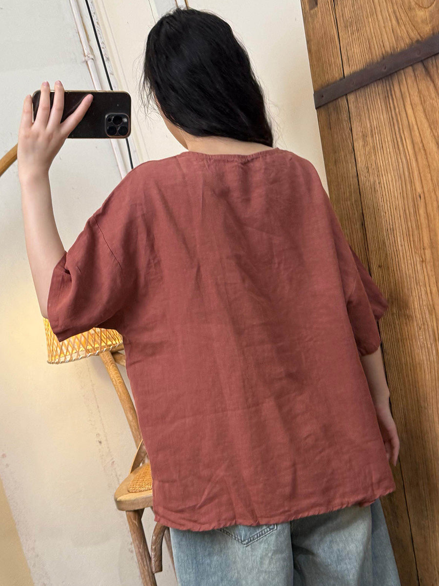 Women Loose-fitting printed T-shirt Summer Vintage Flower Spliced O-Neck Shirt