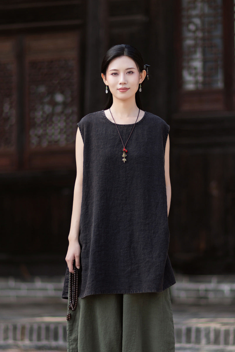 New Vintage-Style Ombré Distressed Versatile Lightweight Sleeveless Dress for Women: Round-Neck Linen Tank Dress 20260511