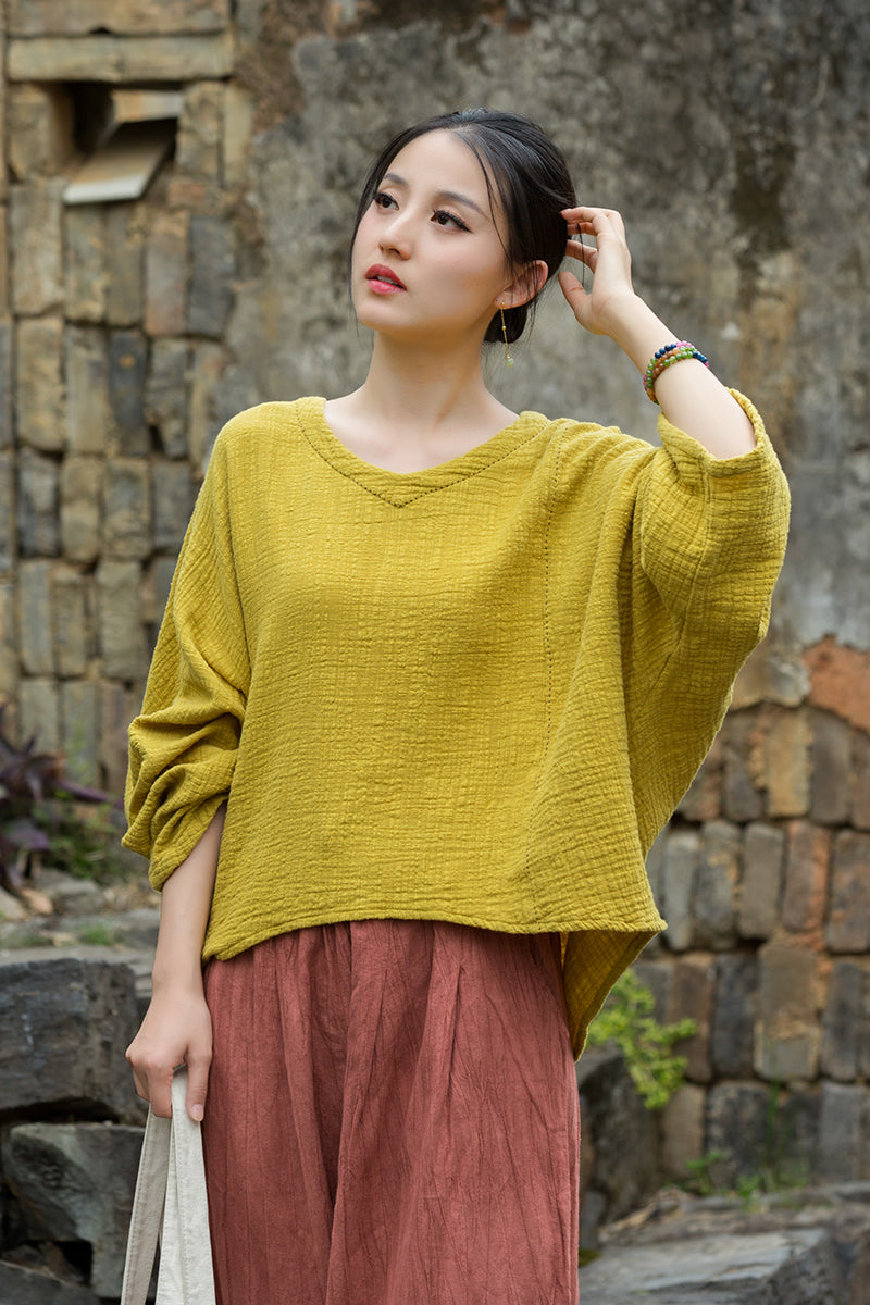 Vintage Summer Chinese Boat Collar Long Sleeve Shirt, Cotton  Linen Washed Frog Long T-Shirt 20250604