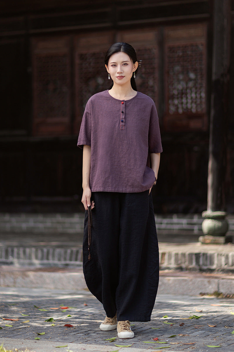 Round-Neck Chinese-Style Blouse: New Summer Style, Retro-Chic, Stitched Color-Blocking, Button-Front Short-Sleeve T-Shirt 20260511