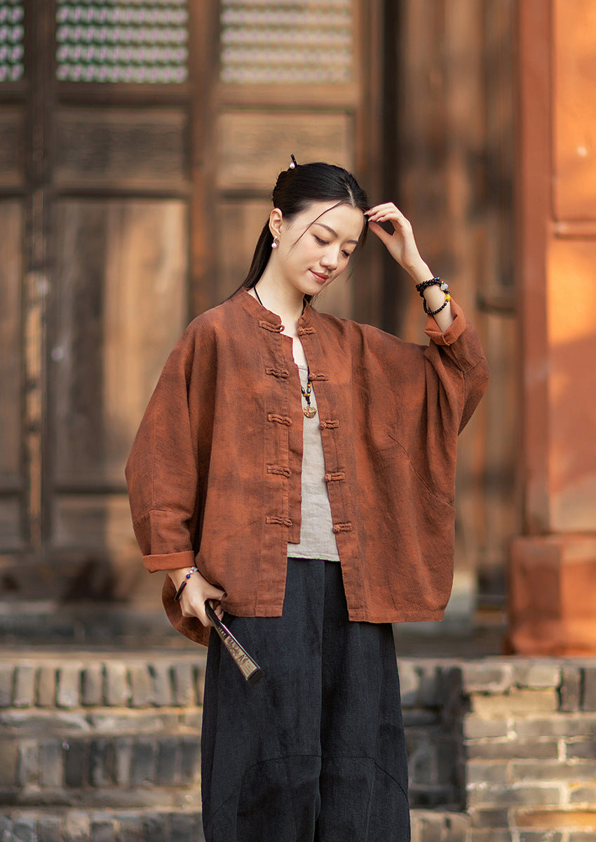 2026 Spring New Arrival: Original Cotton-Ramie Shirt for Women, Vintage Stand-Up Collar Ombré Chinese-Style Wrap-Front Cardigan