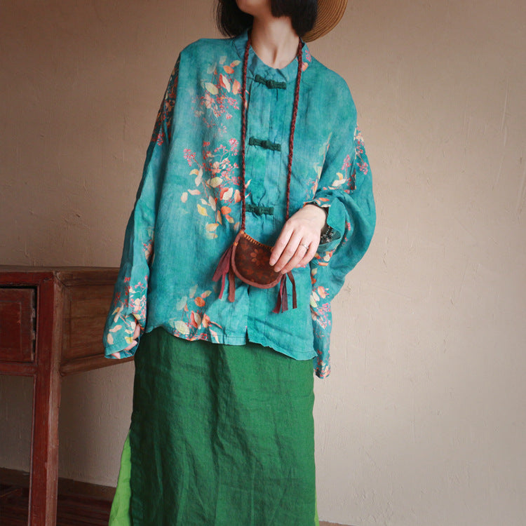 Blue Printed Ramie Shirt, Summer Linen Shirt, Vintage Chinese Frog Button Shirt ,summer shirts for women