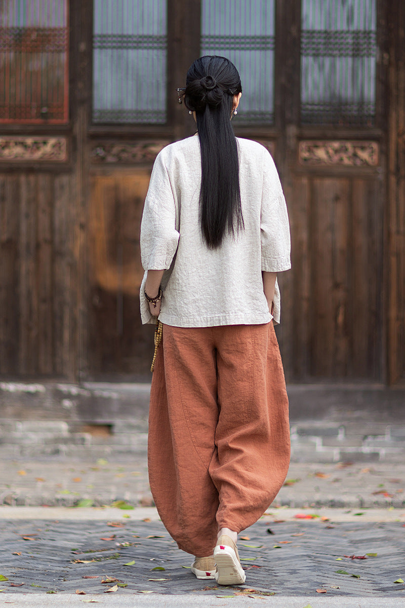 New New Chinese-Style Design: Comfortable, Lightweight Linen Top with Color-Blocked Patchwork and Button-Front Cardigan 20260511