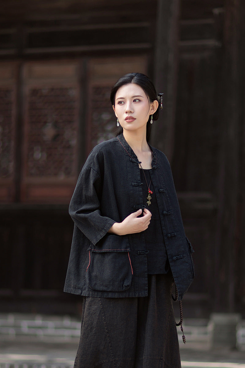 Summer New Arrival: Original Linen Hand-Knotted Button-Down Shirt with Large Pockets for Women – Vintage Distressed Jacket 20260511