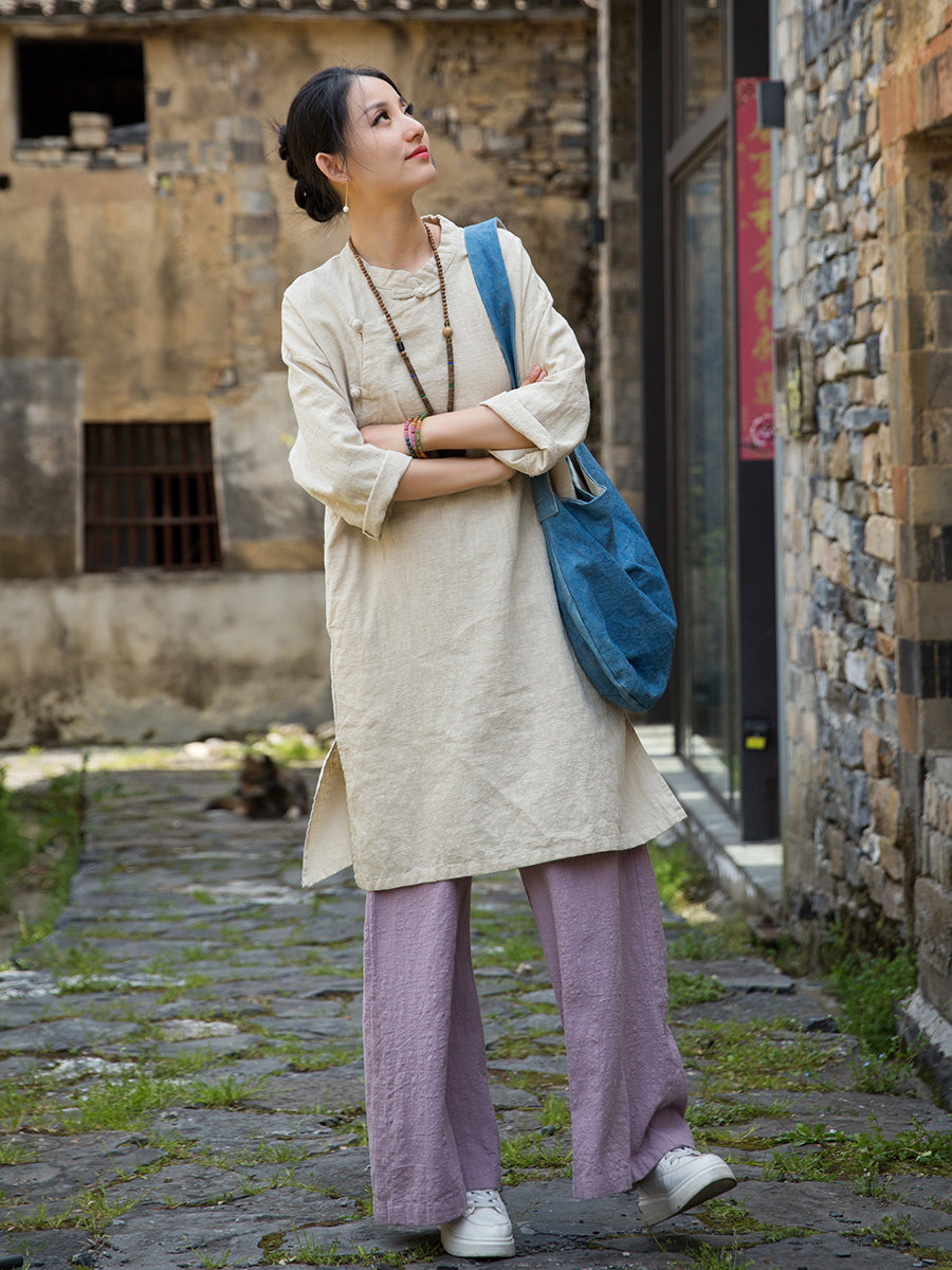 Women's summer Chinese loose frog button cheongsam, retro cotton  linen casual long shirt20250604