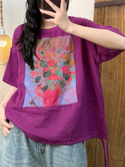 Women Loose-fitting printed T-shirt Summer Artsy Flower O-Neck Shirt