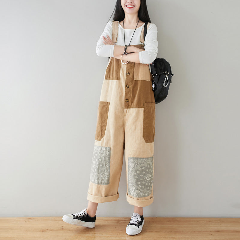 Patchwork cotton overalls, women's printed denim overalls, stonewashed loose overalls