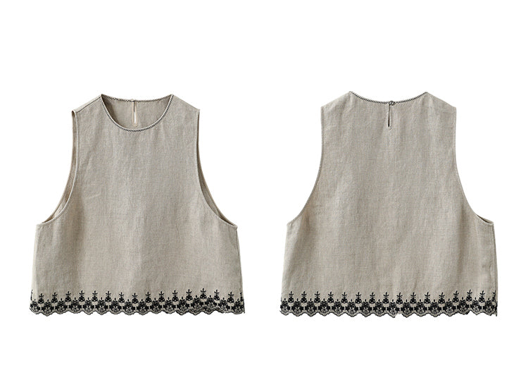 Summer Embroidered Linen Vest,Loose Casual Linen Sleeveless Top,100% Linen Sleeveless T-Shirt 20250314