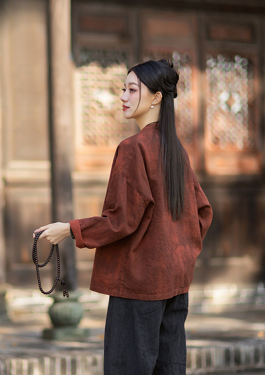 2026 Spring New Arrival: Chinese-Style Retro Double-Breasted Color-Blocked Button-Down Shirt, Women's Modernized Stand-Up Collar Ombre-Dye Tang-Style Cardigan