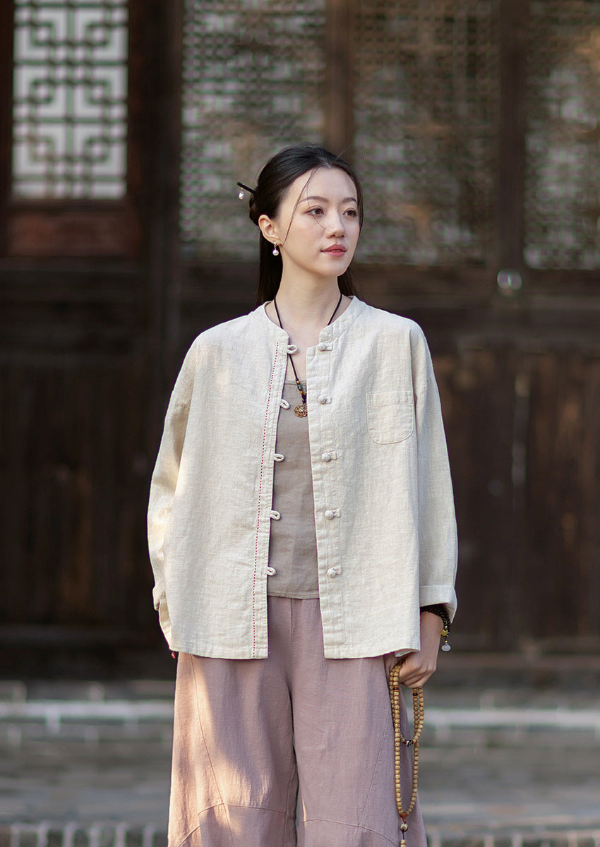 2026 Spring Cotton-Linen Women's New Chinese-Style Ramie Blouse, Loose-Fitting Cotton-Linen Button-Down Shirt with Chinese-Style Buttons, Modernized Tang-Style Jacket